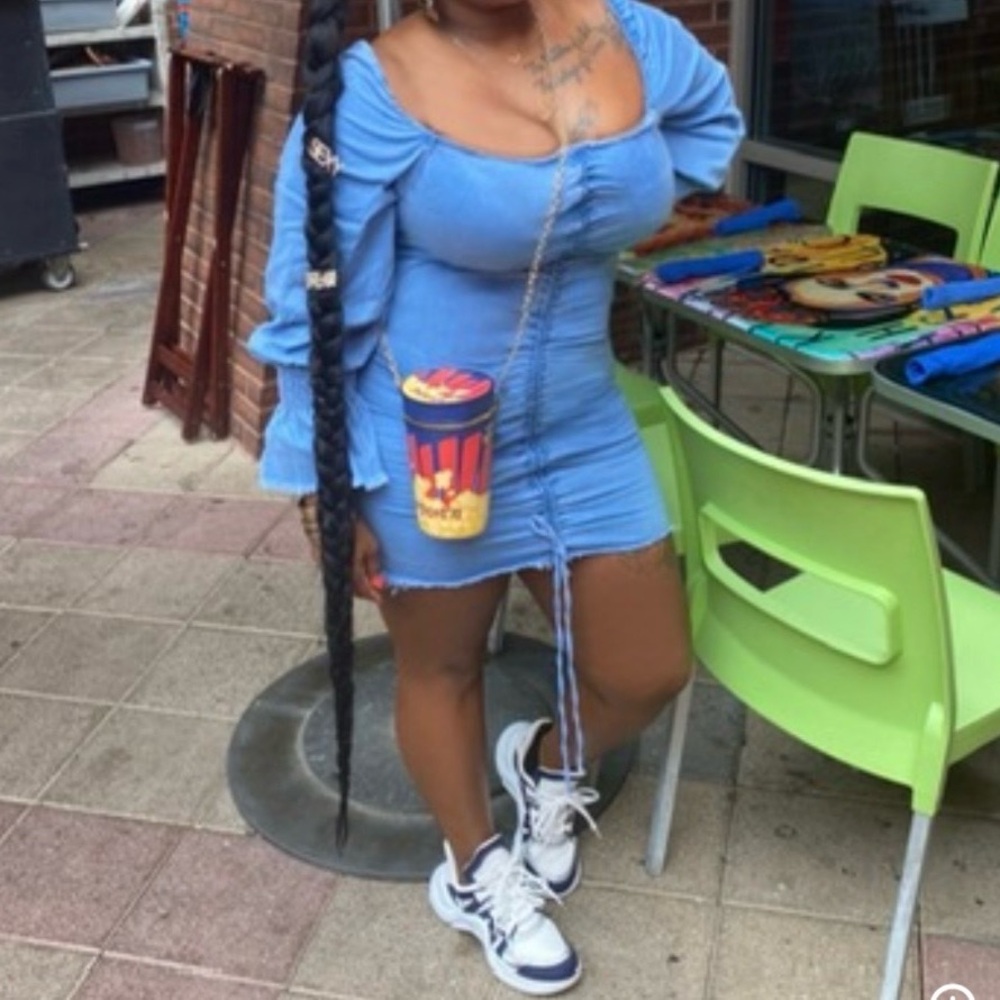 Denim Ruched Off-Shoulder Dress